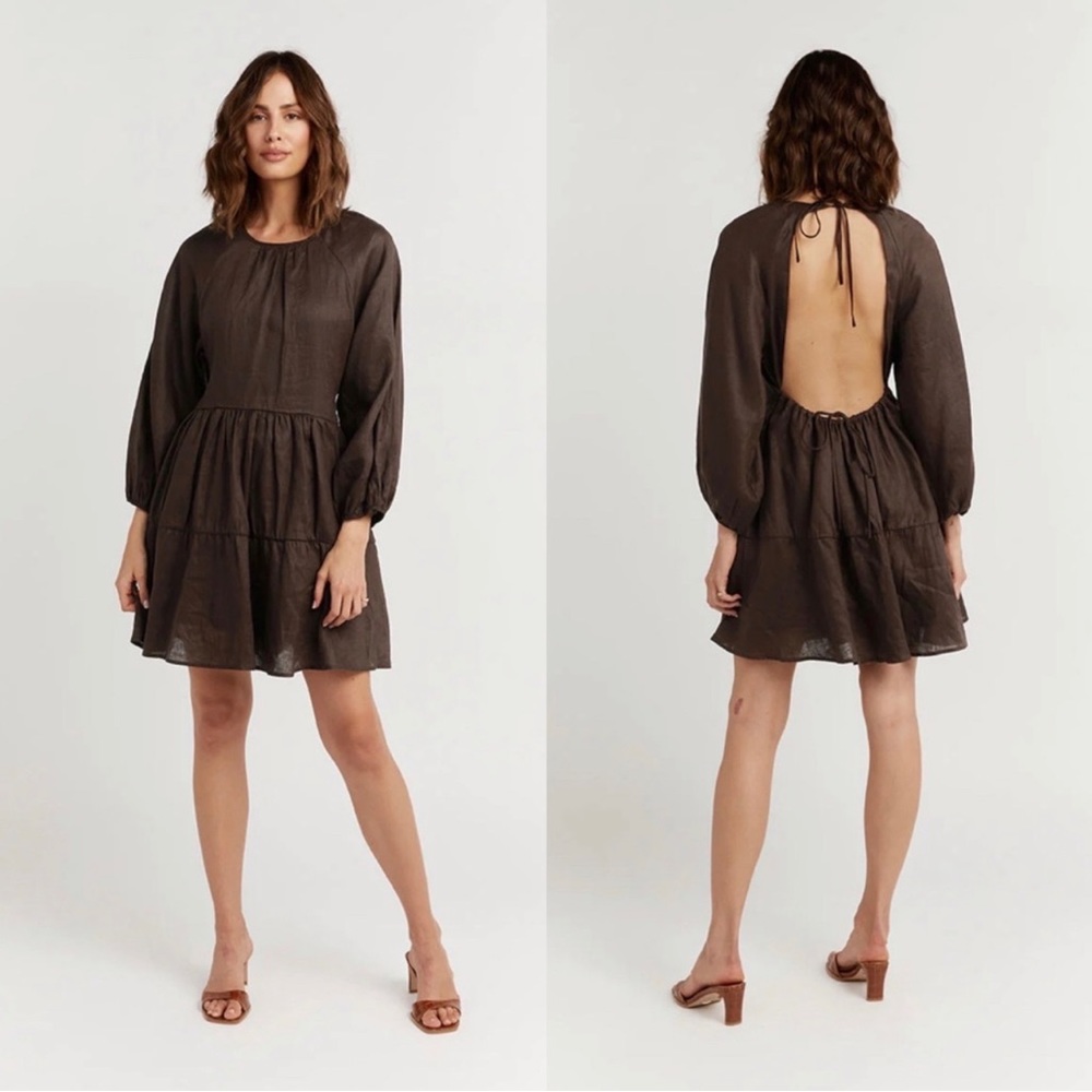 DISSH Lenore Dark Chocolate Linen Open Back Mini Dress